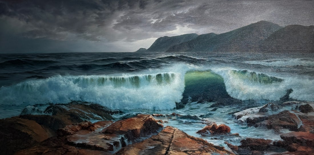 Stephen Mirich "Storm Warning" Signed Original Oil: Offered here is an original Oil on Canvas by Stephen Mirich: "Stephen Mirich "Storm Warning" Signed Original Oil". This one-of-a-kind piece, measuring 24 x 48 x 1 inch, is a rare opportunity for colle