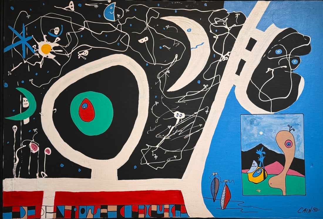 Thomas F. Cain Original On Canvas (Untitled) 1990: Offered here is an original Original acrylic on canvas by Thomas F. Cain: "Thomas F. Cain Original On Canvas (Untitled) 1990". This one-of-a-kind piece, measuring 31 x 45 x 2 inch, is a rare