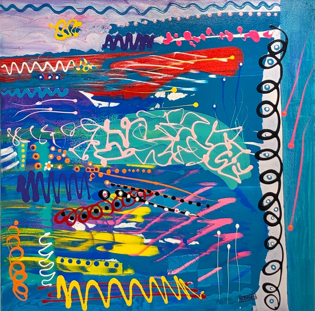 Kimm Byers "Nutrinos Are Hard To Detect" Signed Original Acrylic: Offered here is an original Acrylic on Canvas by Kimm Byers: "Kimm Byers "Nutrinos Are Hard To Detect" Signed Original Acrylic". This one-of-a-kind piece, measuring 36 x 36 x 2 inch, is a rare opportu