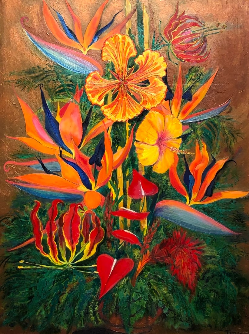 Ione Citrin "Tropical Bouquet" Signed Oil on Canvas: Offered here is an original Original Oil on Canvas by Ione Citrin: "Ione Citrin "Tropical Bouquet" Signed Oil on Canvas". This one-of-a-kind piece, measuring 47 x 37 x 2 inch, is a rare opportunity
