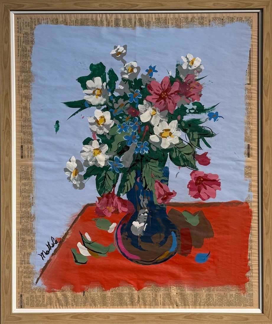 Filastro Mottola (Floral) Signed Original Acrylic on Newspaper: Offered here is an original Acrylic on Newspaper by Filastro Mottola: "Filastro Mottola (Floral) Signed Original Acrylic on Newspaper". This one-of-a-kind piece, measuring 30 x 25 x 2 inch, is a rare 