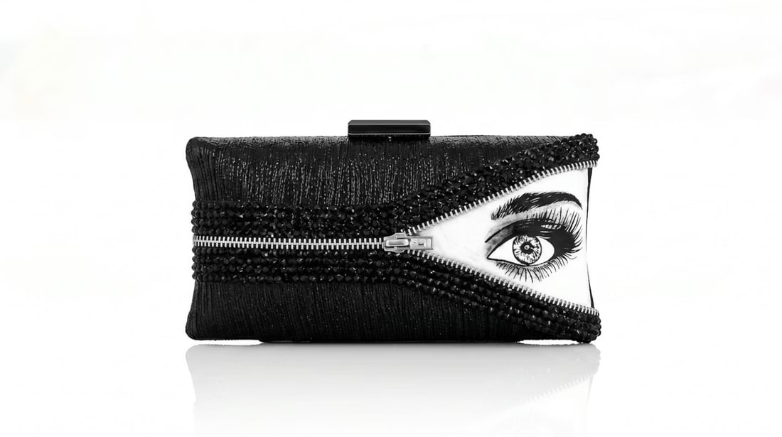 Mercedes Brunelli Unzipped Jeweled Clutch, Handmade in America, Swarovski Crystal: Presenting this Mercedes Brunelli work: "Mercedes Brunelli Unzipped Jeweled Clutch, Handmade in America, Swarovski Crystal". This piece, measuring 3.75 x 2 x 7.5 inch, is available at auction on