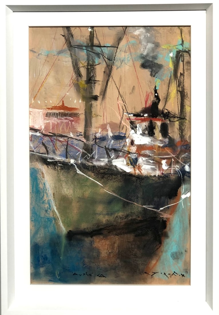 Jorn Fox (Fishing Boat - Avalon, CA) Signed Original Pastel - Impressionist: Offered here is an original Pastel on Paper by Jorn Fox: "Jorn Fox (Fishing Boat - Avalon, CA) Signed Original Pastel - Impressionist". This one-of-a-kind piece, measuring 23 x 16 x 2 inch, is a rare