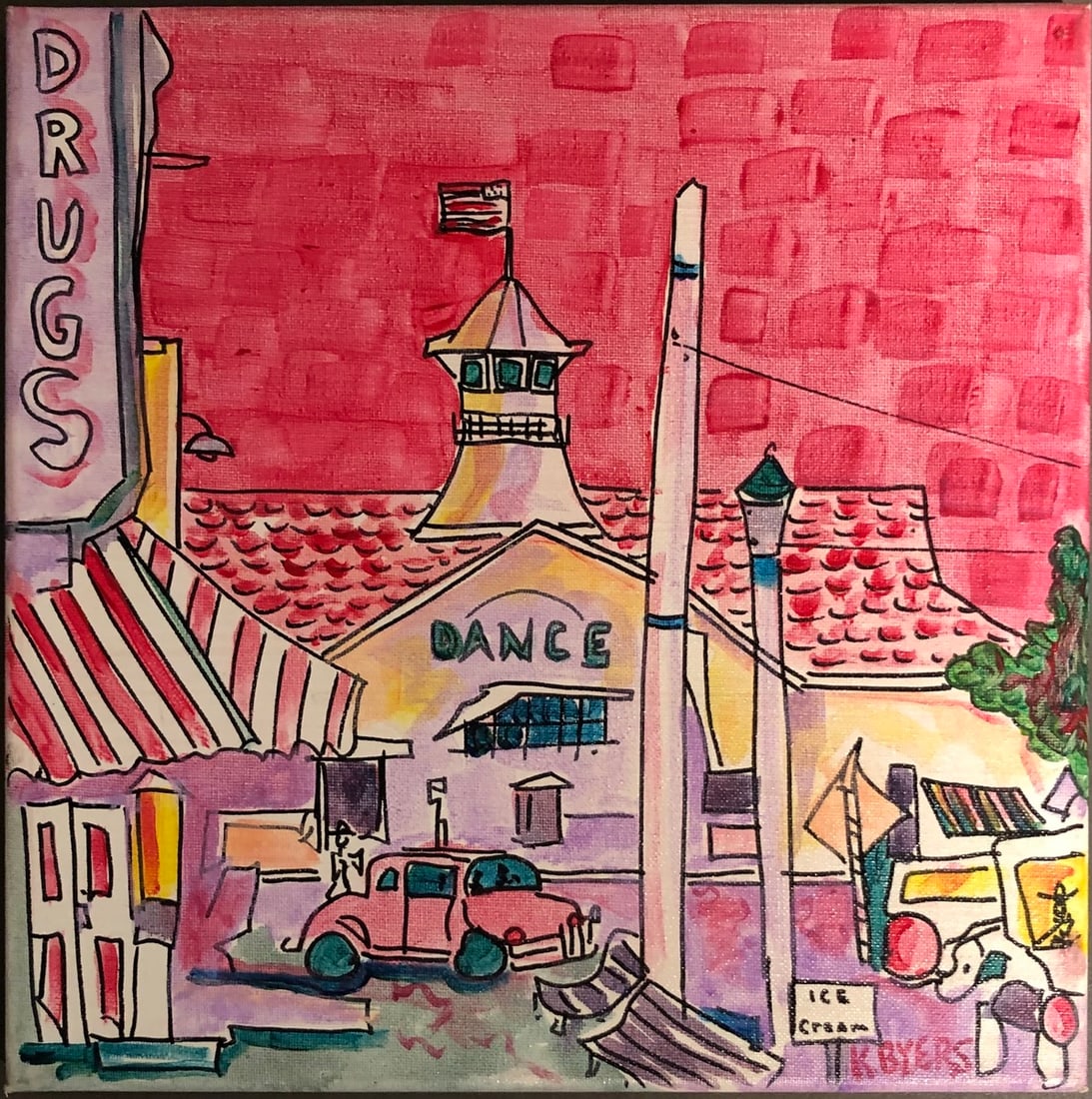 Kimm Byers "Pavilion Newport Early Days!" 2014: Presenting this Kimm Byers Original Acrylic on Canvas: "Kimm Byers "Pavilion Newport Early Days!" 2014". This piece, measuring 12 x 12 x 2 inch, is available at auction on LiveAuctioneers. Artist: