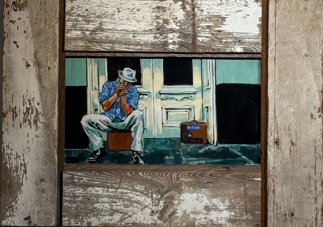Anthony Bordelon "Carl on Harmonic" Original oil on wood: Offered here is an original Original Oil on wood by Anthony Bordelon: "Anthony Bordelon "Carl on Harmonic" Original oil on wood". This one-of-a-kind piece, measuring 28.5 x 20.5 x 2 inch, is a rare