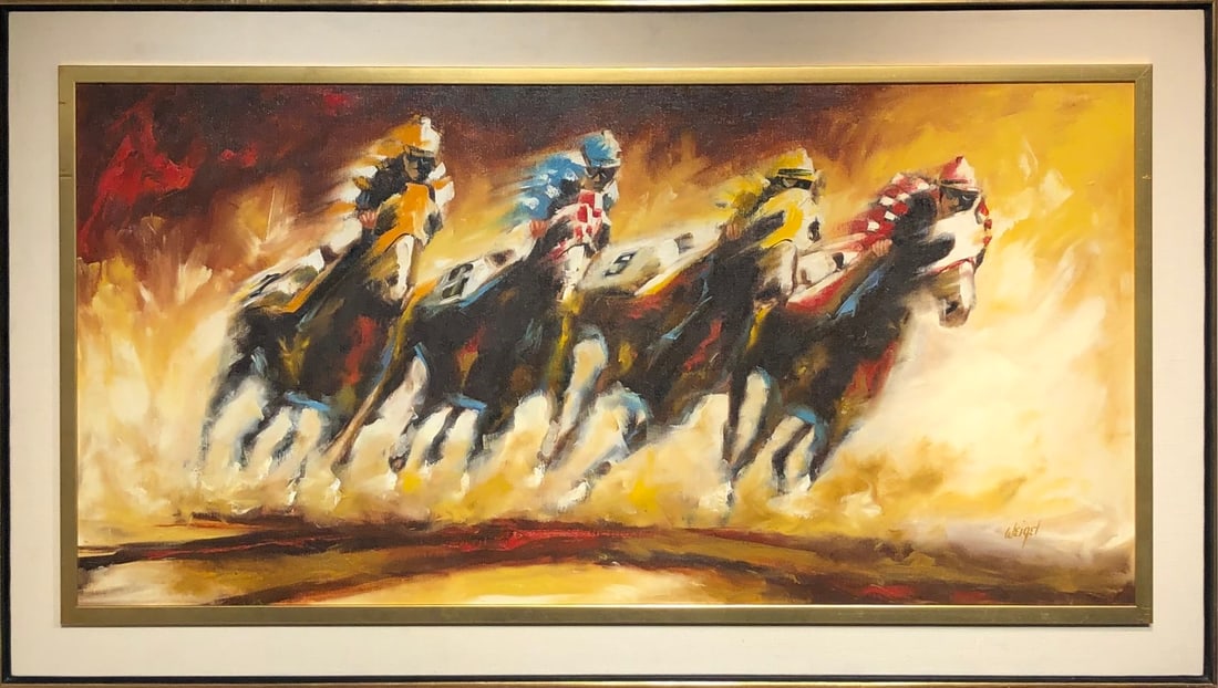 F.E. Weigel (Impressionist - Horse Race) Signed Original Oil: Offered here is an original Oil on Canvas by F.E. Weigel: "F.E. Weigel (Impressionist - Horse Race) Signed Original Oil". This one-of-a-kind piece, measuring 32 x 56 x 2 inch, is a rare opportunity