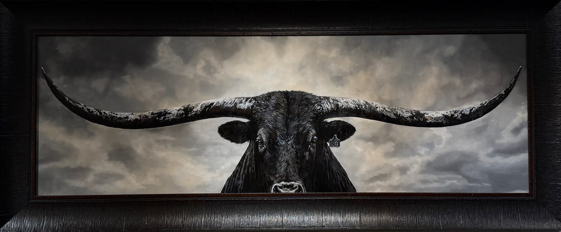 Michael Ibey Original Mixed Media "The Sovereign" (Longhorn Bull in B&W): Offered here is an original Mixed Media Original on Canvas by Michael Ibey: "Michael Ibey Original Mixed Media "The Sovereign" (Longhorn Bull in B&W)". This one-of-a-kind piece, measuring 28 x 68 x 2