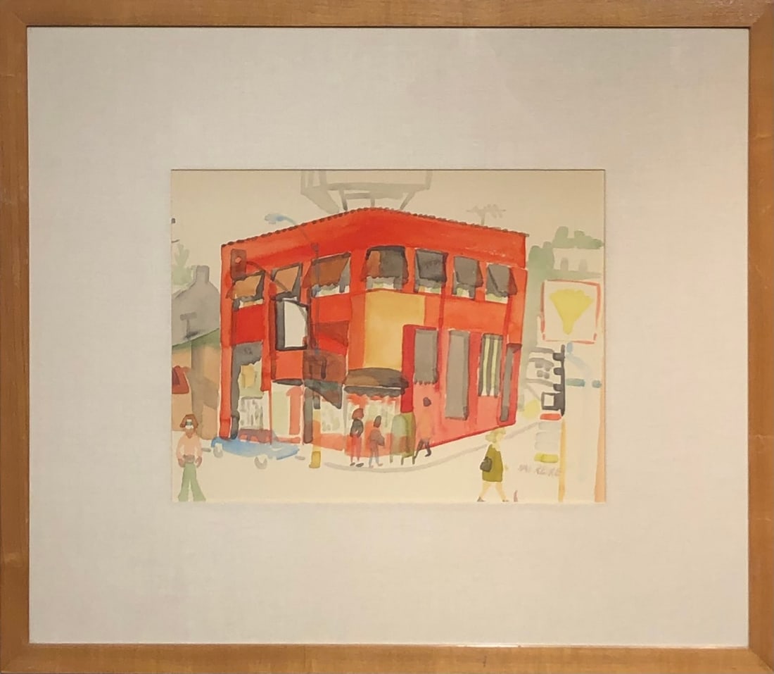 Hal Reike (Untitled - City Corner) - Signed Original Watercolor: Offered here is an original Watercolor on Paper by Hal Reike: "Hal Reike (Untitled - City Corner) - Signed Original Watercolor". This one-of-a-kind piece, measuring 23 x 27 x 2 inch, is a rare