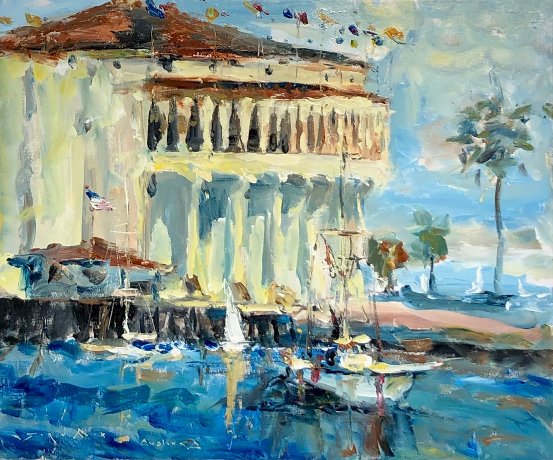 Jorn Fox "Casino in Avalon Bay" Signed Original Acrylic - Impressionist: Offered here is an original Acrylic on Canvas by Jorn Fox: "Jorn Fox "Casino in Avalon Bay" Signed Original Acrylic - Impressionist". This one-of-a-kind piece, measuring 30 x 36 x 2 inch, is a rare