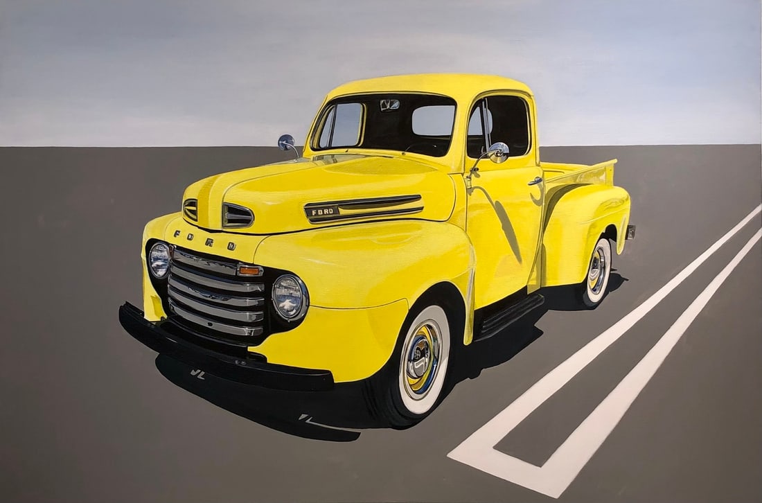 Michelle Michael "1948 F100 Series Pickup" Signed Original: Offered here is an original Acrylic on Canvas by Michelle Michael: "Michelle Michael "1948 F100 Series Pickup" Signed Original". This one-of-a-kind piece, measuring 24 x 36 x 2 inch, is a rare opportu