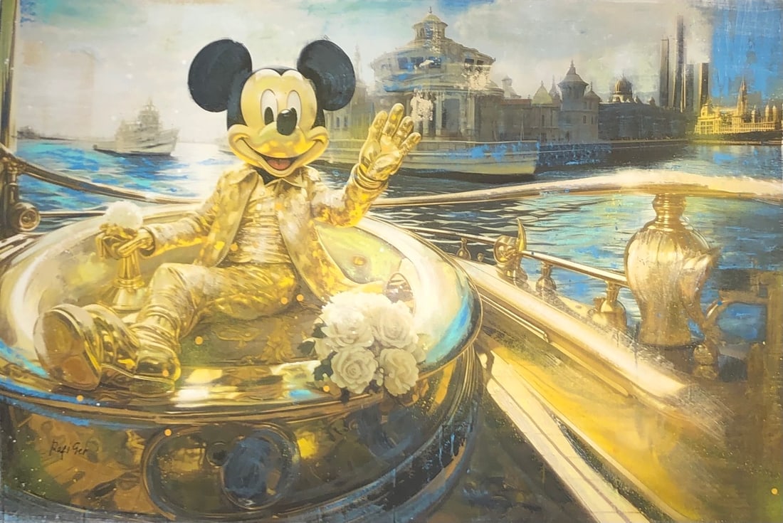 Rafi Ger "Gilded Soak: Mickey in the Golden Hot Tub" Signed Mixed Media: Offered here is an original Mixed Media on Canvas by Rafi Ger: "Rafi Ger "Gilded Soak: Mickey in the Golden Hot Tub" Signed Mixed Media". This one-of-a-kind piece, measuring 30 x 45.25 x 1 inch, is a