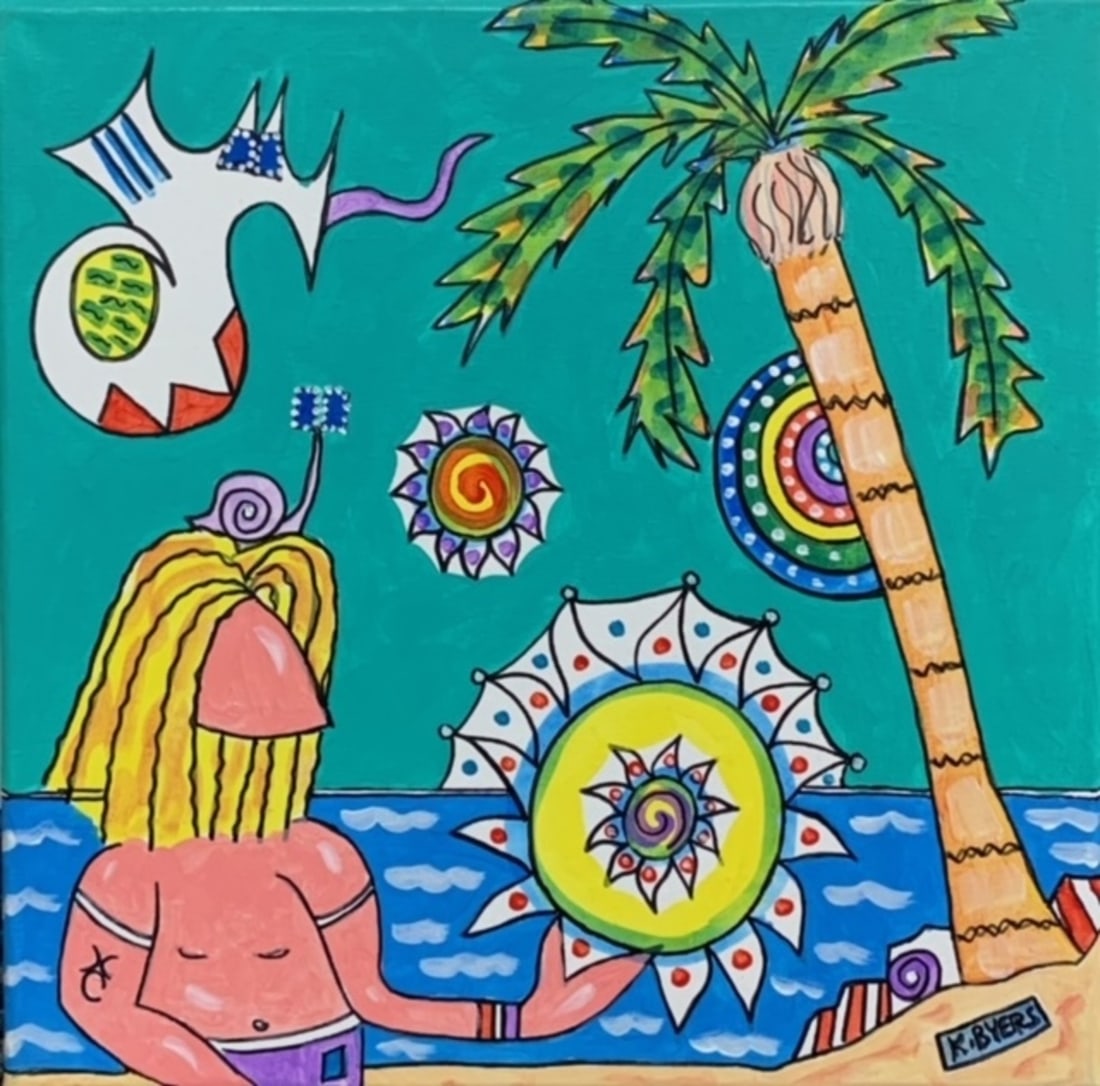 Kimm Byers "Hot Curl Handles the Sun" Signed Original: Offered here is an original Original Acrylic on Canvas by Kimm Byers: "Kimm Byers "Hot Curl Handles the Sun" Signed Original". This one-of-a-kind piece, measuring 14 x 14 x 2 inch, is a rare opportuni