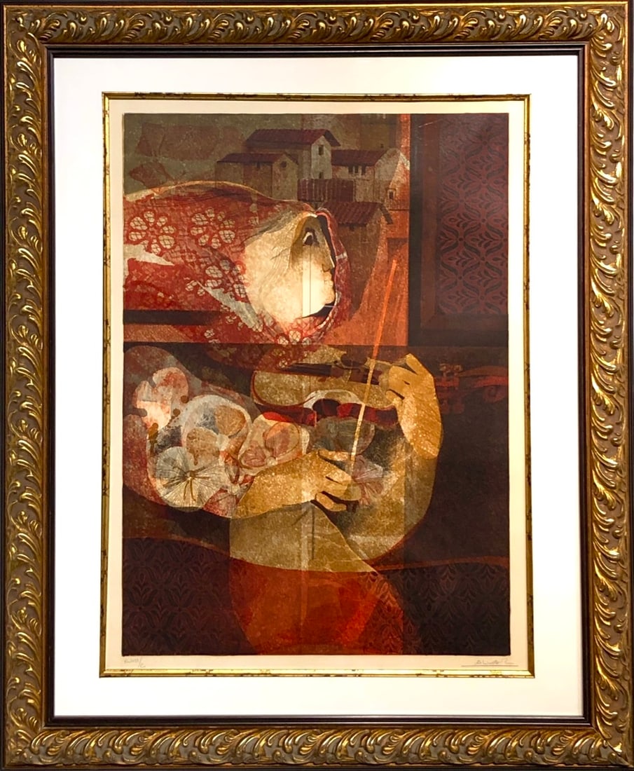 Sunol Alvar "La Violinista" Signed Serigraph LE: Presenting a limited edition Serigraph on Paper by Sunol Alvar: "Sunol Alvar "La Violinista" Signed Serigraph LE". This Serigraph on Paper (Edition: XLVII/C), measuring 35 x 29 x 2 inch, is a sought-a