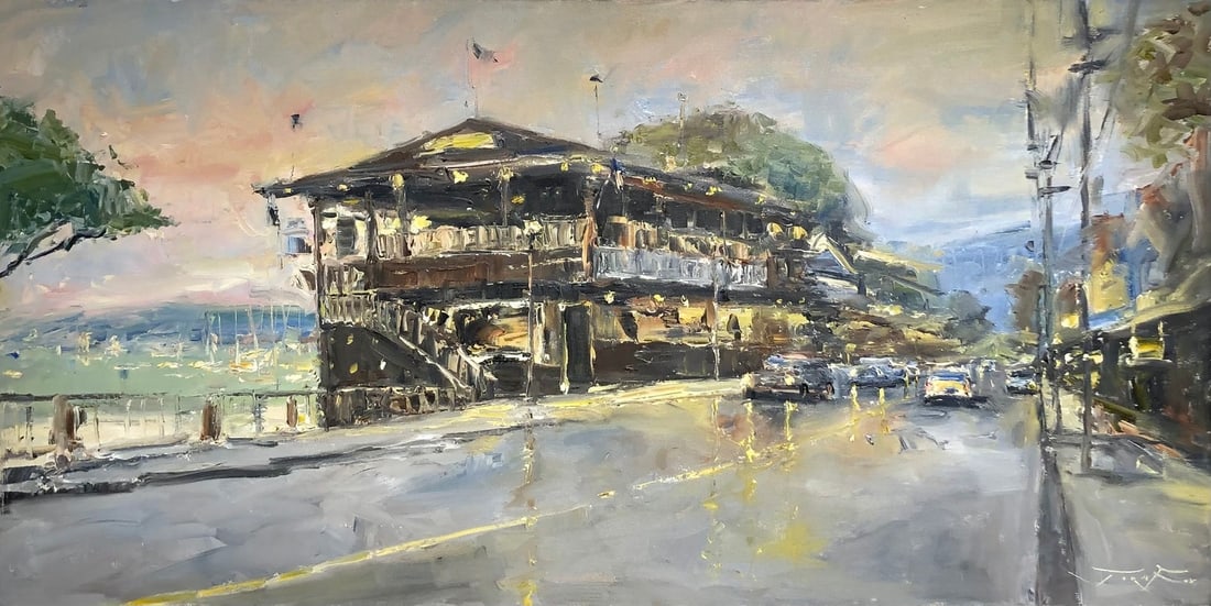 Jorn Fox "Cheeseburger in Paradise" Signed Original Oil: Offered here is an original Oil on Canvas by Jorn Fox: "Jorn Fox "Cheeseburger in Paradise" Signed Original Oil". This one-of-a-kind piece, measuring 24 x 48 x 2 inch, is a rare opportunity for