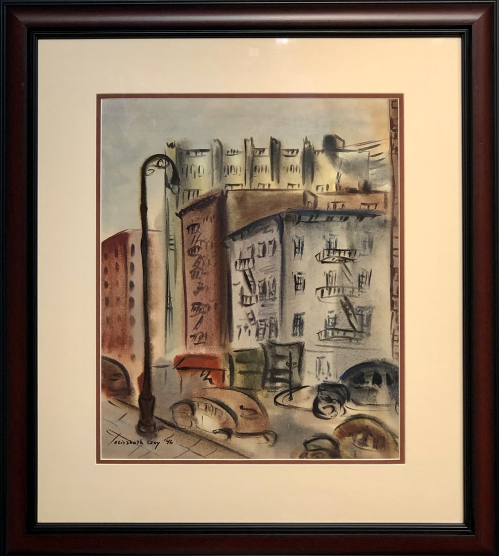 Elizabeth "Betty" Guy (Untitled - Cityscape) Signed Original Watercolor 1946: Offered here is an original Watercolor on Paper by Elizabeth "Betty" Guy: "Elizabeth "Betty" Guy (Untitled - Cityscape) Signed Original Watercolor 1946". This one-of-a-kind piece, measuring 28 x 25 x 