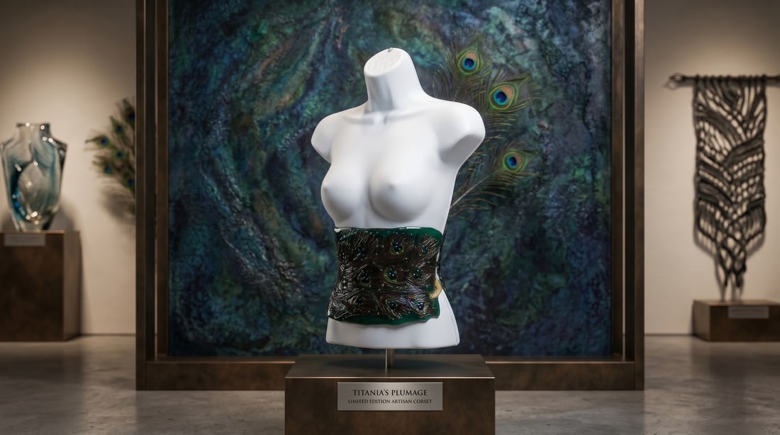 Mercedes Brunelli "Peacock Feathers" CorsArt Belt, Fabric, Resin, Feathers, Swarovski Crystals: Presenting this Mercedes Brunelli Sculpture: "Mercedes Brunelli "Peacock Feathers" CorsArt Belt, Fabric, Resin, Feathers, Swarovski Crystals". This piece, measuring 11 x 8 inch, is available at auctio