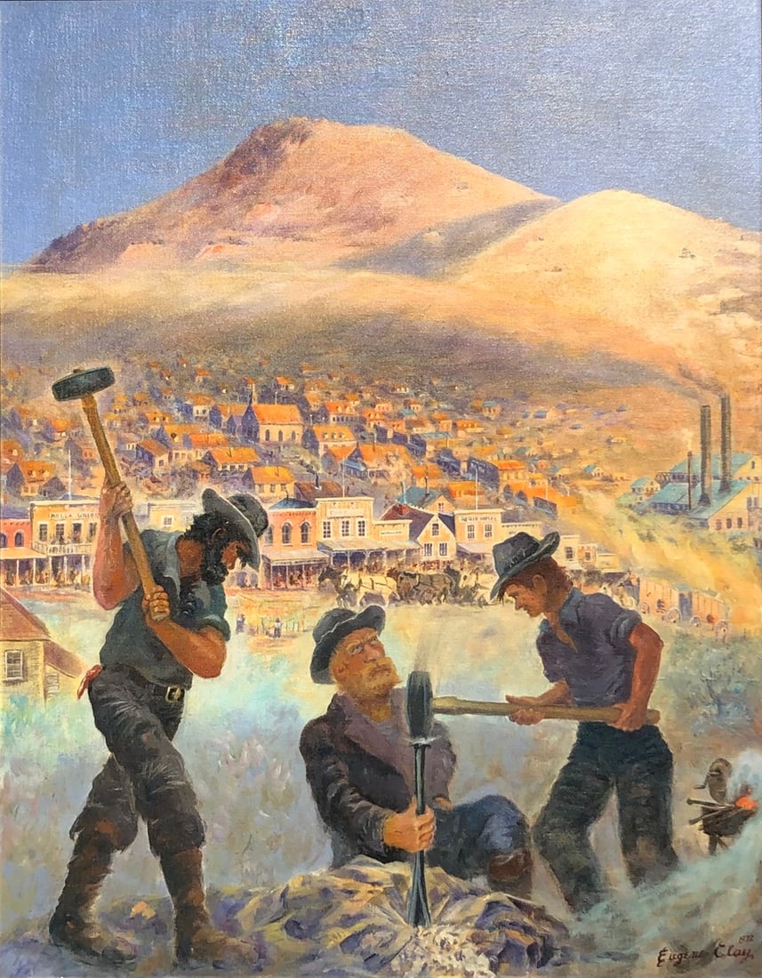 Eugene Clay "Hard Rock Drilling - The Hard Way - At Bodie California, 1879" Signed Original Oil: Offered here is an original Oil on Canvas by Eugene Clay: "Eugene Clay "Hard Rock Drilling - The Hard Way - At Bodie California, 1879" Signed Original Oil". This one-of-a-kind piece, measuring 33 x 27