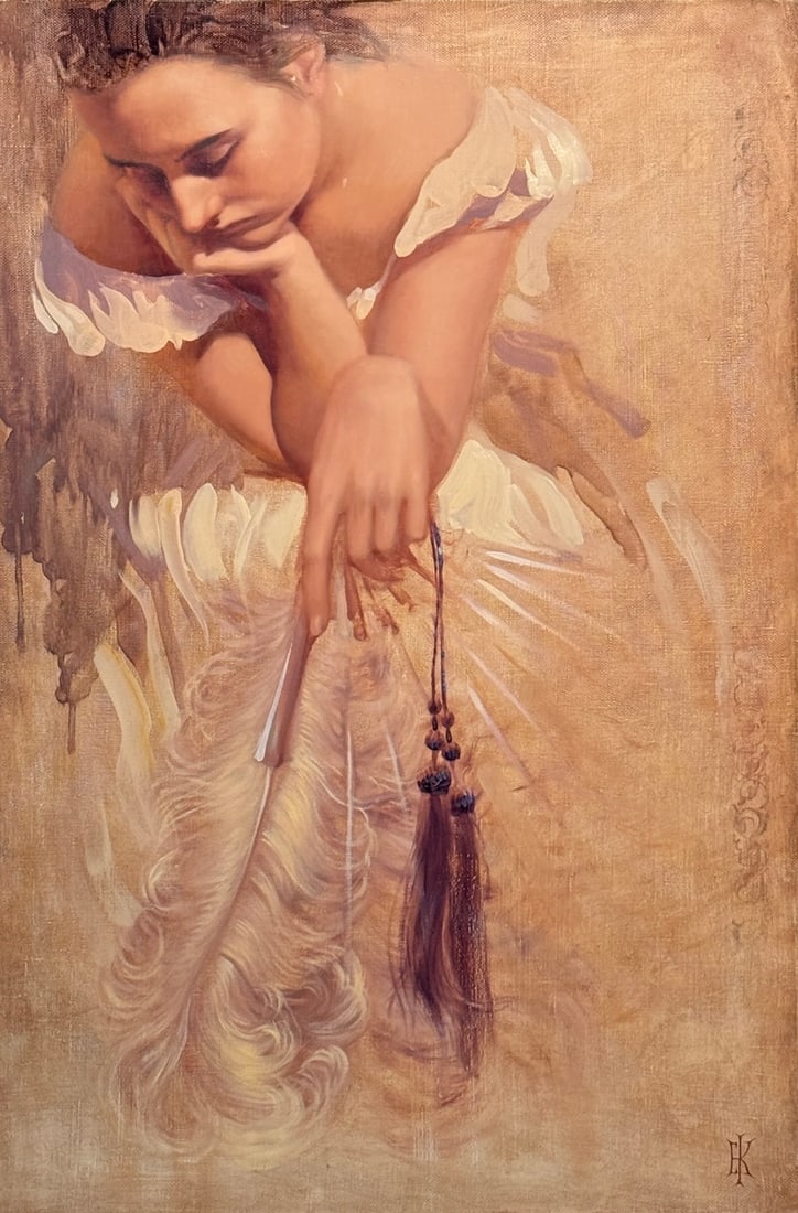 E. Kuznetsova Original Oil (Woman Holding A Feather Fan, Or Plume): Offered here is an original Original Oil on Canvas by E. Kuznetsova: "E. Kuznetsova Original Oil (Woman Holding A Feather Fan, Or Plume)". This one-of-a-kind piece, measuring 24 x 16 x 1 inch, is a