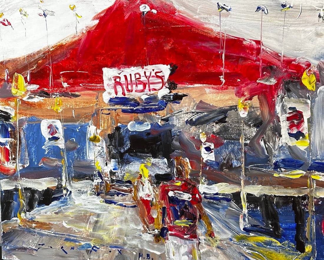 Jorn Fox "H.B. Ruby's" Impressionist Signed Oil and Acrylic on Board: Offered here is an original Acrylic on Canvas Board by Jorn Fox: "Jorn Fox "H.B. Ruby's" Impressionist Signed Oil and Acrylic on Board". This one-of-a-kind piece, measuring 16 x 20 inch, is a rare opp