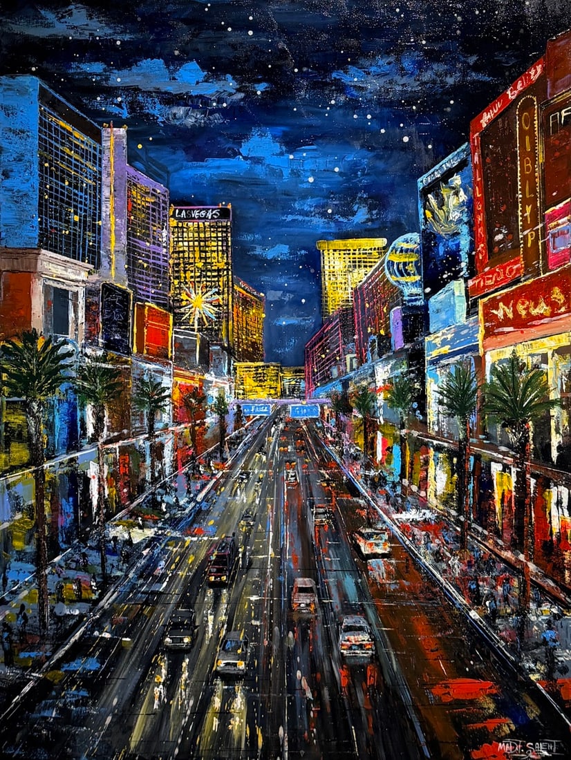 Madi Salehi "Lucky Lights On The Strip" Original On Canvas: Offered here is an original Original acrylic on canvas by Madi Salehi: "Madi Salehi "Lucky Lights On The Strip" Original On Canvas". This one-of-a-kind piece, measuring 40 x 30 x 1 inch, is a rare