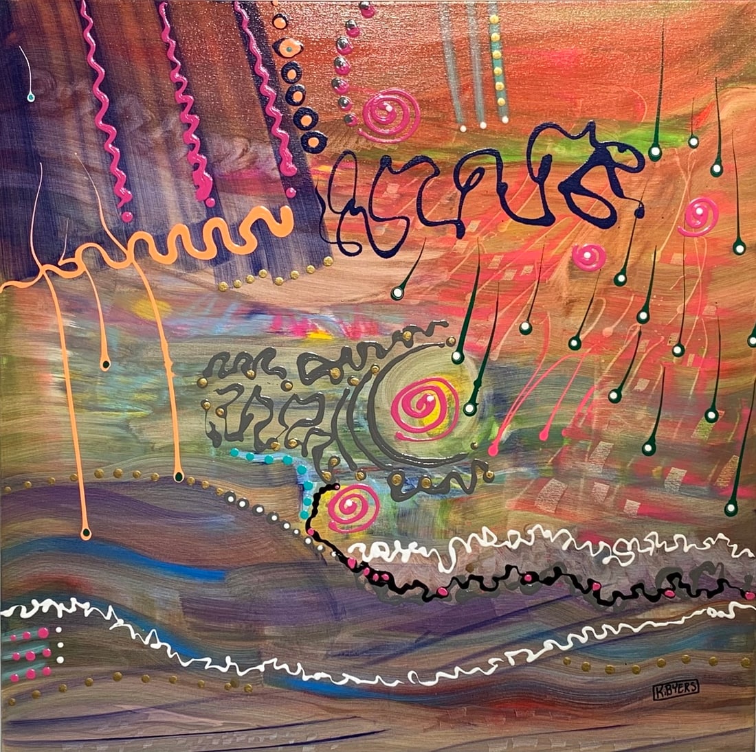 Kimm Byers "Heavy Rain on the Road" Signed Original Acrylic: Offered here is an original Acrylic on Canvas by Kimm Byers: "Kimm Byers "Heavy Rain on the Road" Signed Original Acrylic". This one-of-a-kind piece, measuring 36 x 36 x 2 inch, is a rare opportunity