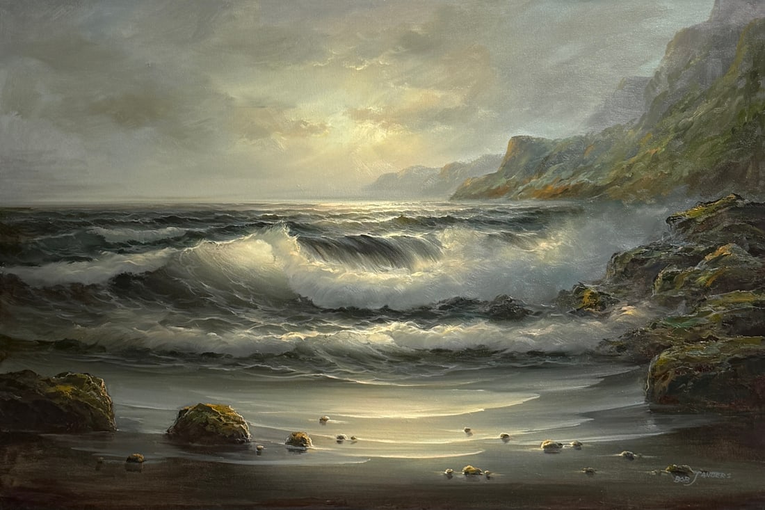Bob Sanders (Seascape) Signed Original Oil: Offered here is an original Oil on Canvas by Bob Sanders: "Bob Sanders (Seascape) Signed Original Oil". This one-of-a-kind piece, measuring 24 x 36 x 1 inch, is a rare opportunity for collectors to