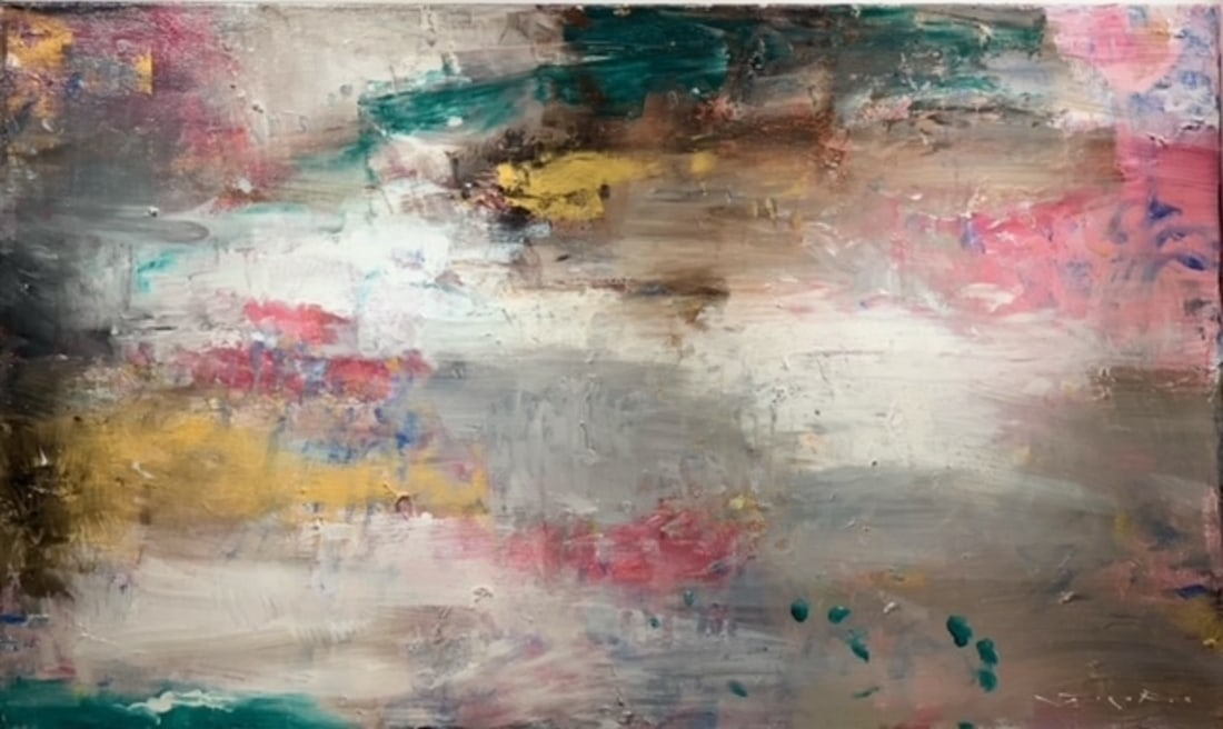 Jorn Fox Abstract Signed Original Oil and Acrylic: Offered here is an original Original Oil and Acrylic on Canvas with 1 1/2" Museum Bars by Jorn Fox: "Jorn Fox Abstract Signed Original Oil and Acrylic". This one-of-a-kind piece, measuring 36 x 60 x