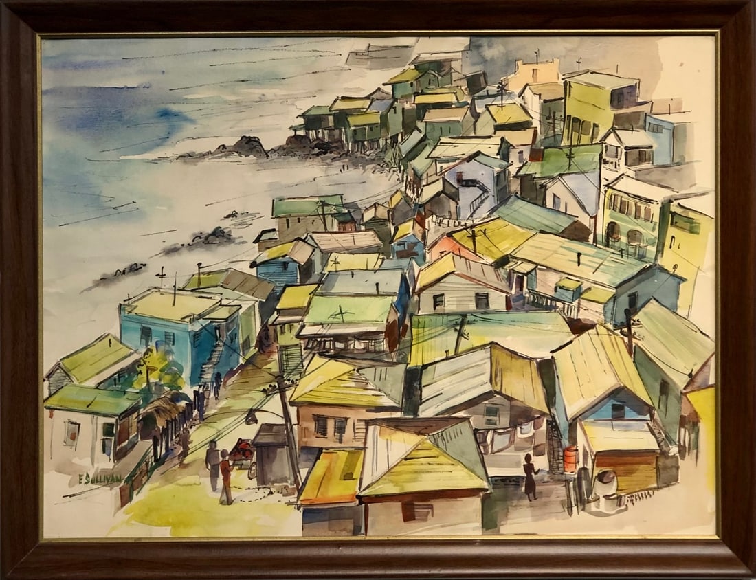 E. Sullivan (Impressionist - Seaside Town) Signed Original Watercolor: Offered here is an original Watercolor on Paper by E. Sullivan: "E. Sullivan (Impressionist - Seaside Town) Signed Original Watercolor". This one-of-a-kind piece, measuring 21 x 27 x 2 inch, is a