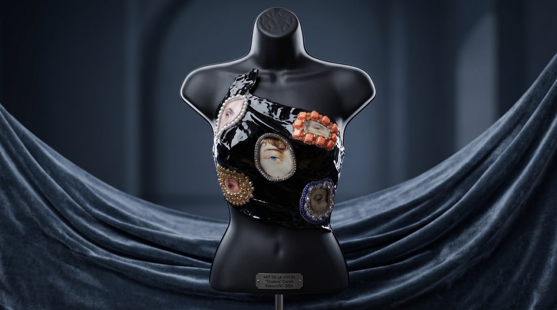 Mercedes Brunelli "Vintage Eyes", CorsArt Corset, Fabric/Resin/Pearls/Rhinestones/Crystals: Presenting this Mercedes Brunelli Sculpture: "Mercedes Brunelli "Vintage Eyes", CorsArt Corset, Fabric/Resin/Pearls/Rhinestones/Crystals". This piece, measuring 12 x 10 inch, is available at auction o