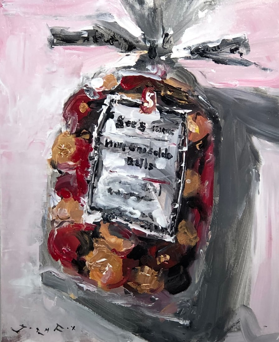 Jorn Fox (See's Candies Milk Chocolate Balls) Signed Original Acrylic: Offered here is an original Acrylic on Canvas by Jorn Fox: "Jorn Fox (See's Candies Milk Chocolate Balls) Signed Original Acrylic". This one-of-a-kind piece, measuring 20 x 16 x 2 inch, is a rare