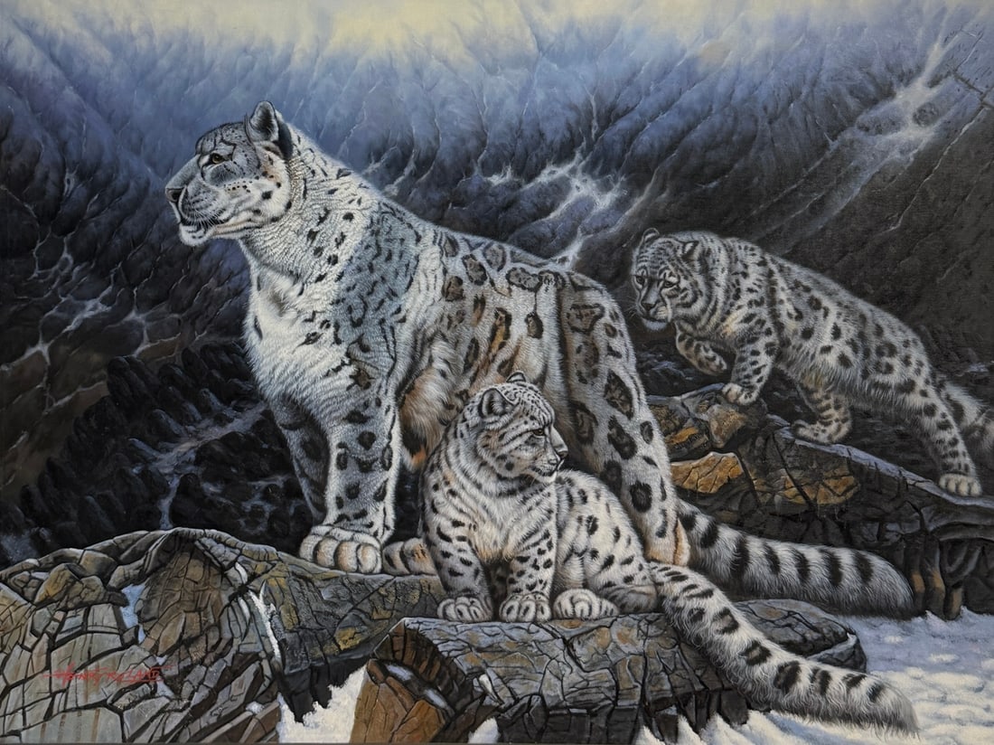 Henry Roland ("Snow Leopards") Signed Original Oil: Offered here is an original Oil on Canvas by Henry Roland: "Henry Roland ("Snow Leopards") Signed Original Oil". This one-of-a-kind piece, measuring 30 x 40 x 1 inch, is a rare opportunity for