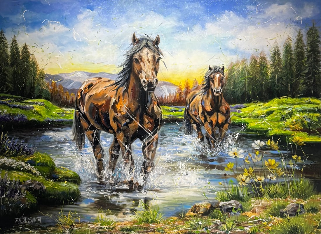 Madi Salehi (Signed) - Untitled Equestrian Landscape, Original Acrylic on Canvas: Offered here is an original Acrylic on canvas by Madi Salehi: "Madi Salehi (Signed) - Untitled Equestrian Landscape, Original Acrylic on Canvas". This one-of-a-kind piece, measuring 36 x 48 inch, is