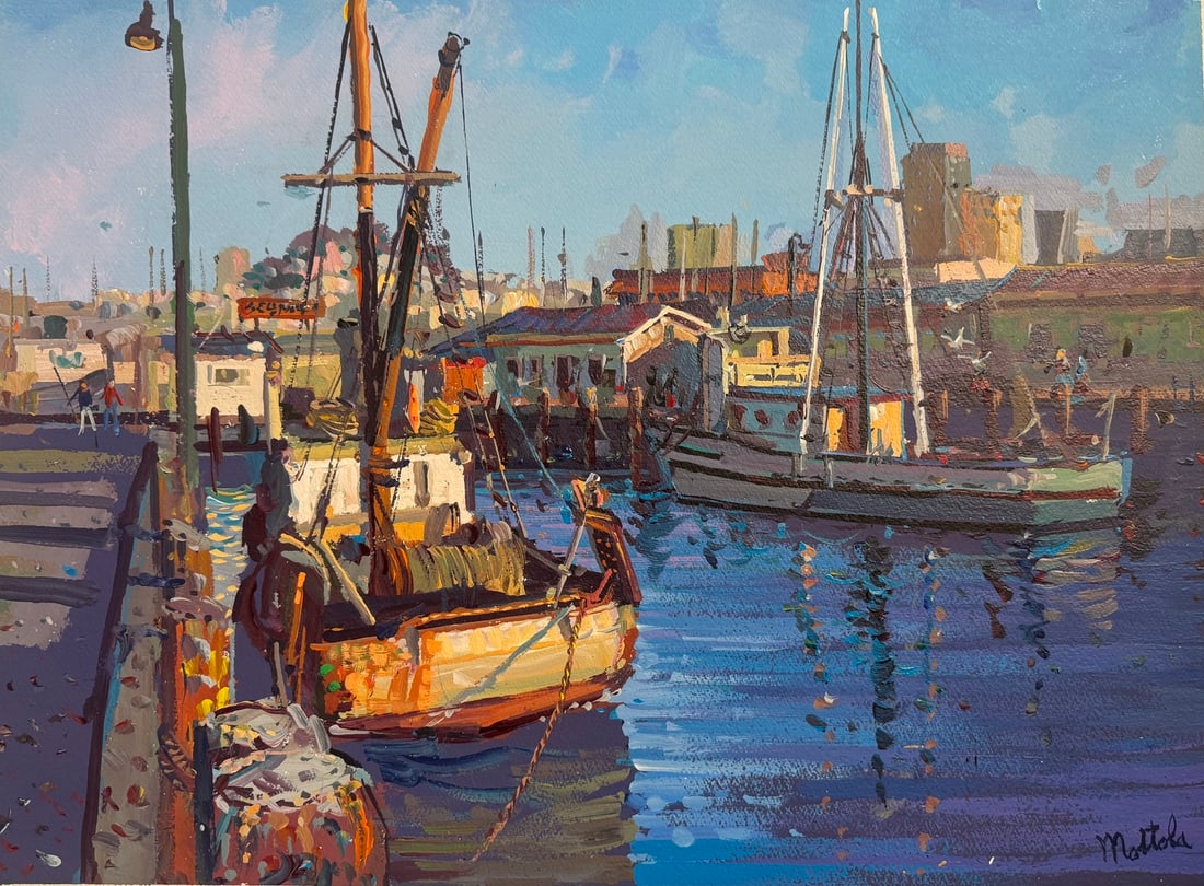 Filastro Mottola "Fisherman's Wharf, California" Signed Original Acrylic: Offered here is an original Acrylic on Arches Paper by Filastro Mottola: "Filastro Mottola "Fisherman's Wharf, California" Signed Original Acrylic". This one-of-a-kind piece, measuring 23 x 31 x 1
