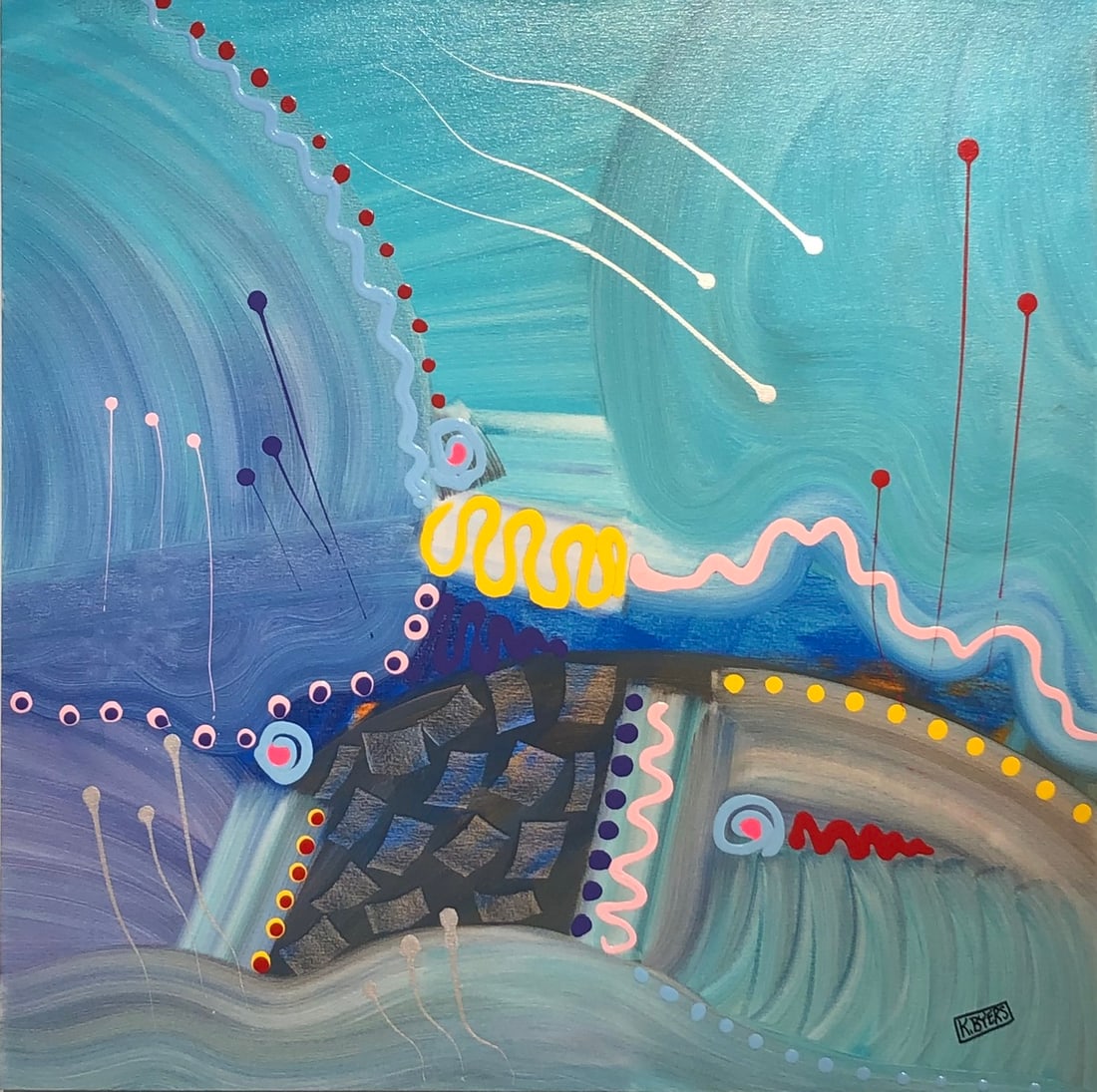Kimm Byers "Weather Patterns Are Changing" Signed Original Acrylic: Offered here is an original Acrylic on Canvas by Kimm Byers: "Kimm Byers "Weather Patterns Are Changing" Signed Original Acrylic". This one-of-a-kind piece, measuring 36 x 36 x 2 inch, is a rare