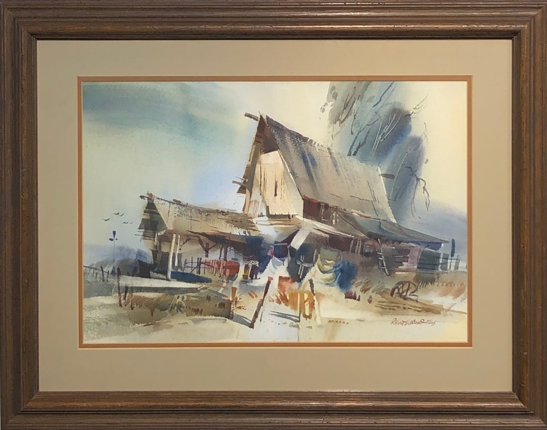 Robert E. Wood (Untitled - Barn) Signed Original Watercolor: Offered here is an original Watercolor on Paper by Robert E Wood: "Robert E. Wood (Untitled - Barn) Signed Original Watercolor". This one-of-a-kind piece, measuring 22 x 28 x 2 inch, is a rare opportu