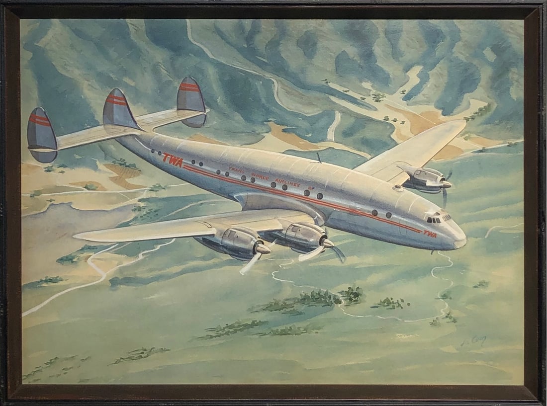 Wayne La Com (TWA Airplane - Lockheed Model 049) Signed Original Watercolor: Offered here is an original Watercolor on Paper by Wayne La Com: "Wayne La Com (TWA Airplane - Lockheed Model 049) Signed Original Watercolor". This one-of-a-kind piece, measuring 24 x 32 x 2 inch, is