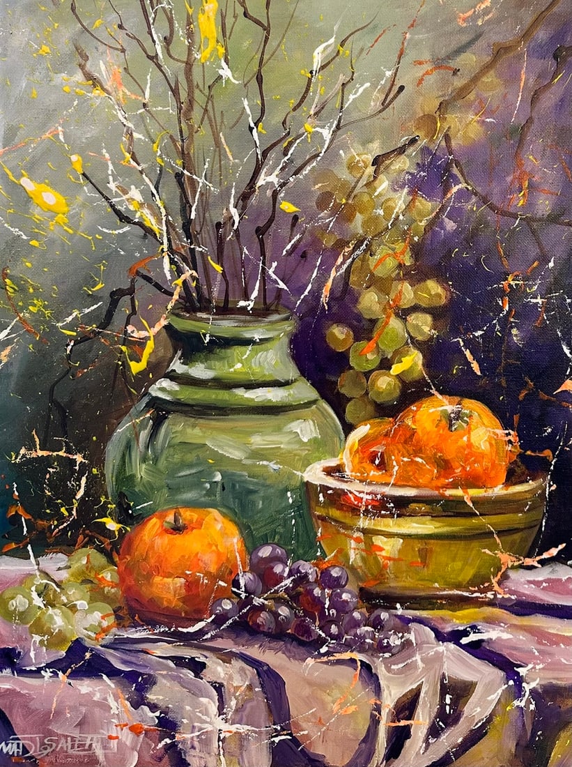Madi Salehi" Still Life Vase and Bowl of Oranges" Original acrylic on canvas board: Offered here is an original Original acrylic on canvas board by Madi Salehi: "Madi Salehi" Still Life Vase and Bowl of Oranges" Original acrylic on canvas board". This one-of-a-kind piece, measuring 1