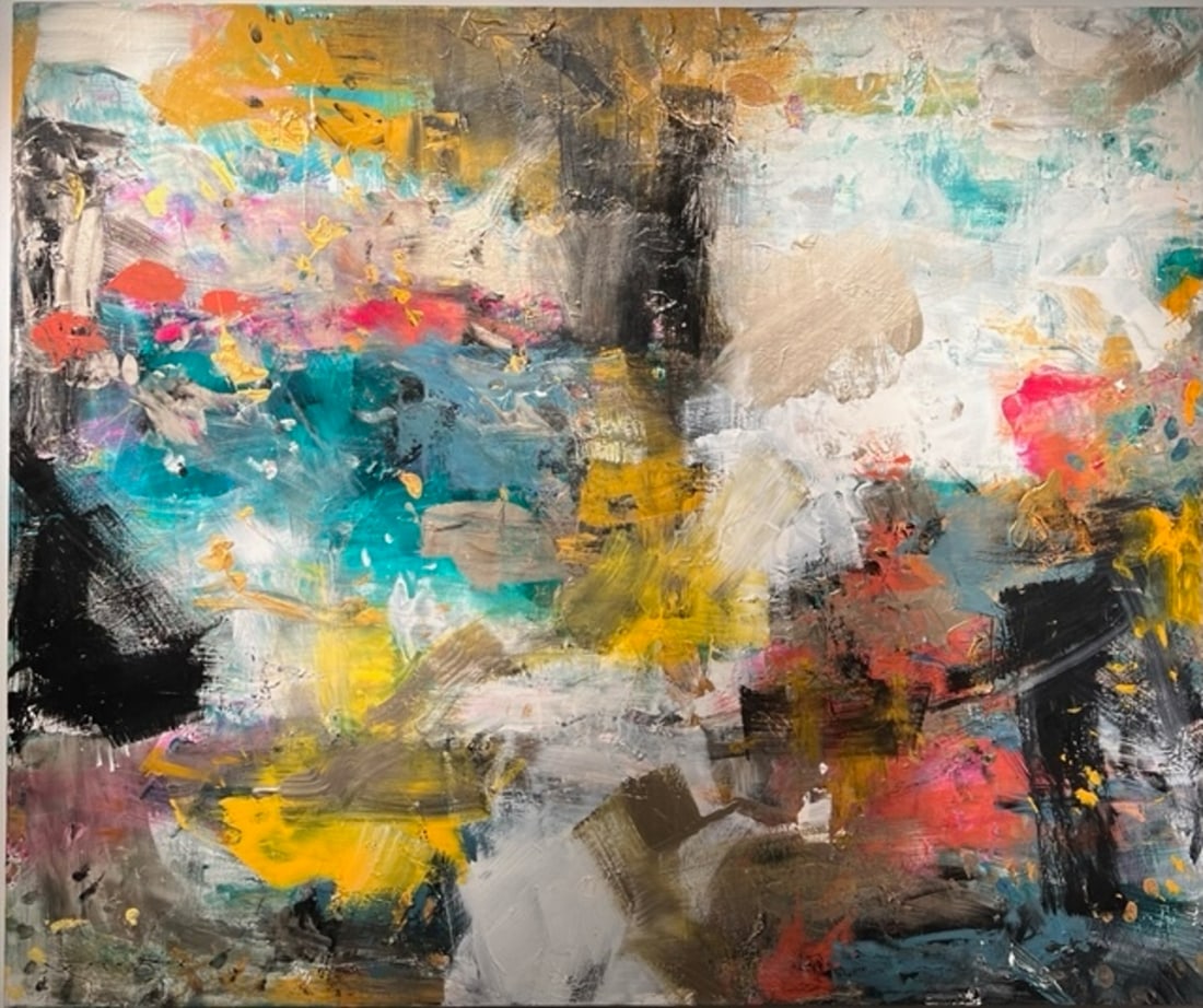 Jorn Fox Abstract Signed Original Oil and Acrylic: Offered here is an original Original Oil and Acrylic on Canvas with 1 1/2" Museum Bar by Jorn Fox: "Jorn Fox Abstract Signed Original Oil and Acrylic". This one-of-a-kind piece, measuring 60 x 72 x 2 