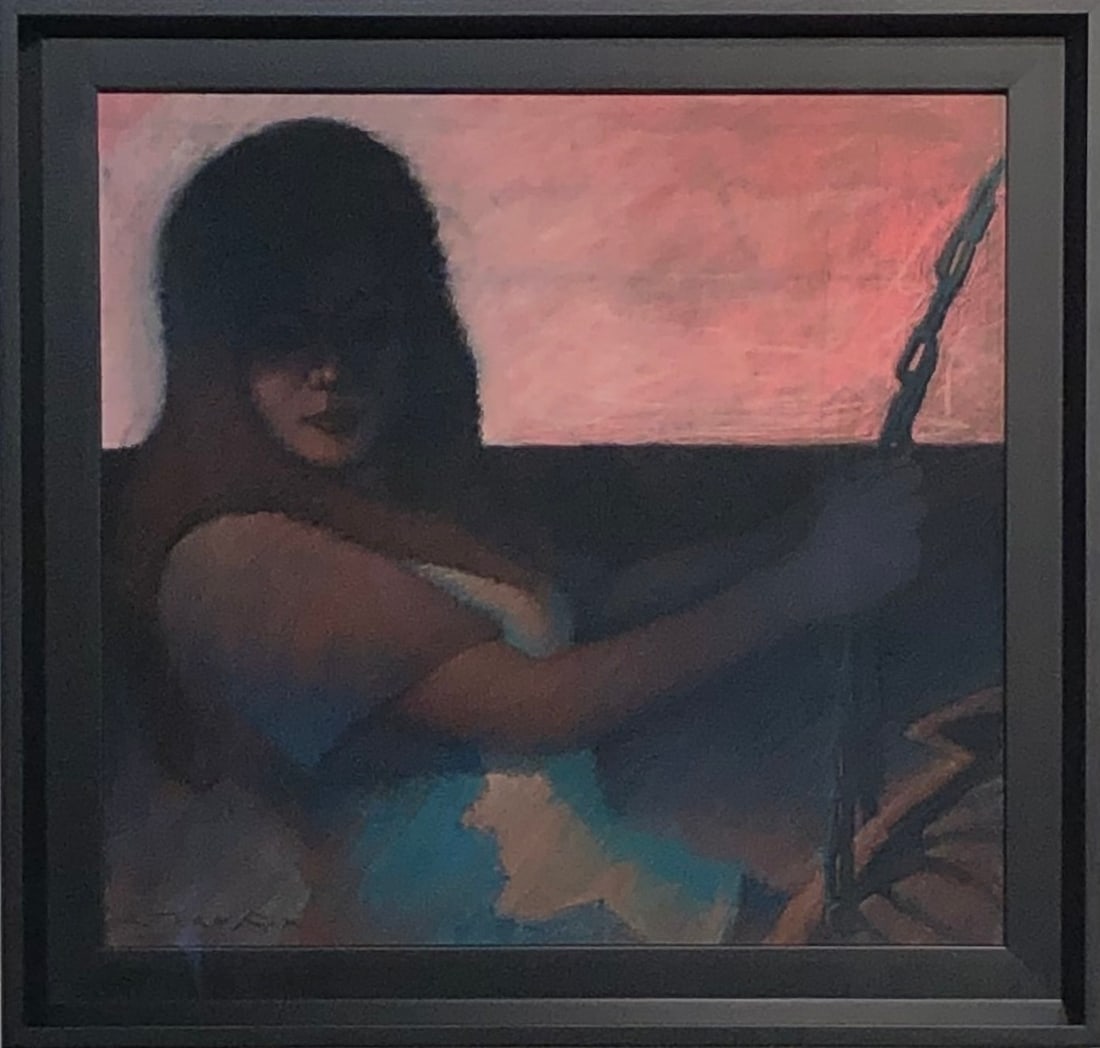 Jorn Fox (Untitled - Woman on a Swing) Signed Original Pastel: Offered here is an original Pastel on Paper by Jorn Fox: "Jorn Fox (Untitled - Woman on a Swing) Signed Original Pastel". This one-of-a-kind piece, measuring 21 x 22 x 2 inch, is a rare opportunity fo