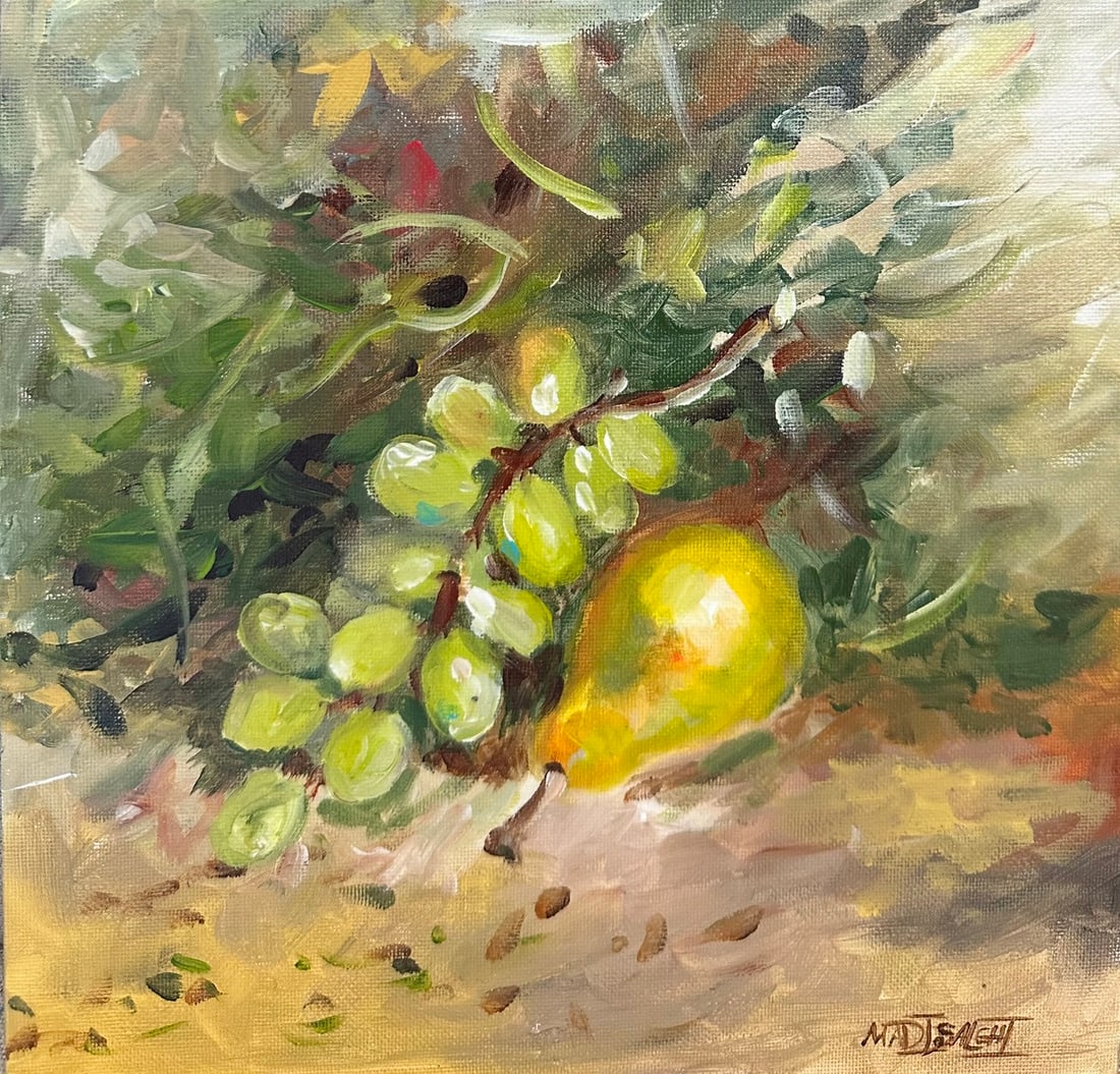 Madi Salehi "Still Life With Grapes and Pear " acrylic on canvas board: Offered here is an original Original acrylic on canvas board by Madi Salehi: "Madi Salehi "Still Life With Grapes and Pear " acrylic on canvas board". This one-of-a-kind piece, measuring 10 x 10 inch,