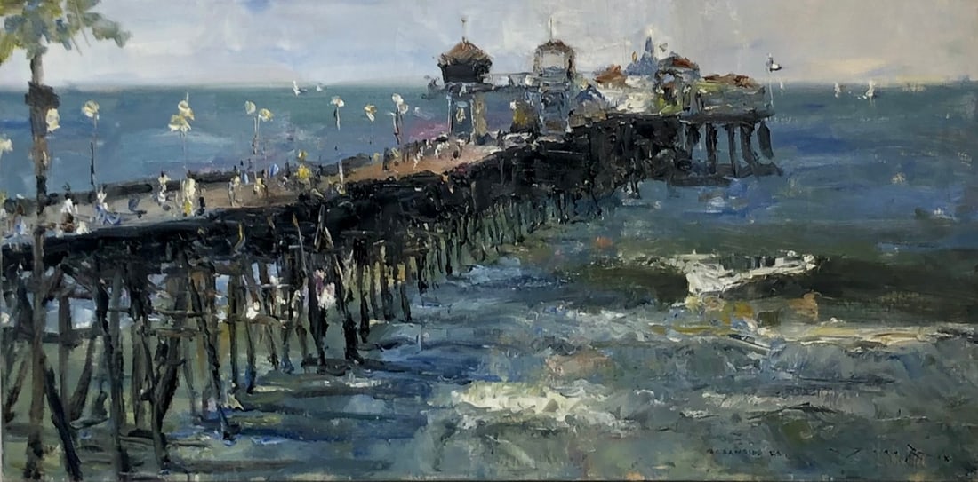Jorn Fox (Impressionist - Oceanside Pier) Signed Original Oil: Offered here is an original Oil on Canvas by Jorn Fox: "Jorn Fox (Impressionist - Oceanside Pier) Signed Original Oil". This one-of-a-kind piece, measuring 18 x 36 x 2 inch, is a rare opportunity for 