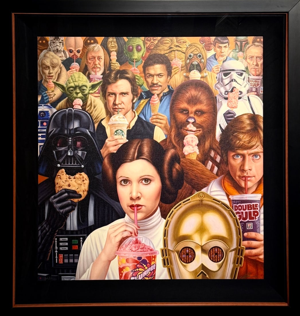 Alex Gross "DV Posse" LE Giclee on Canvas: Presenting a limited edition Giclee on Canvas by Alex Gross: "Alex Gross "DV Posse" LE Giclee on Canvas". This Giclee on Canvas (Edition: 28/50), measuring 39 x 37 x 3 inch, is a sought-after limited 