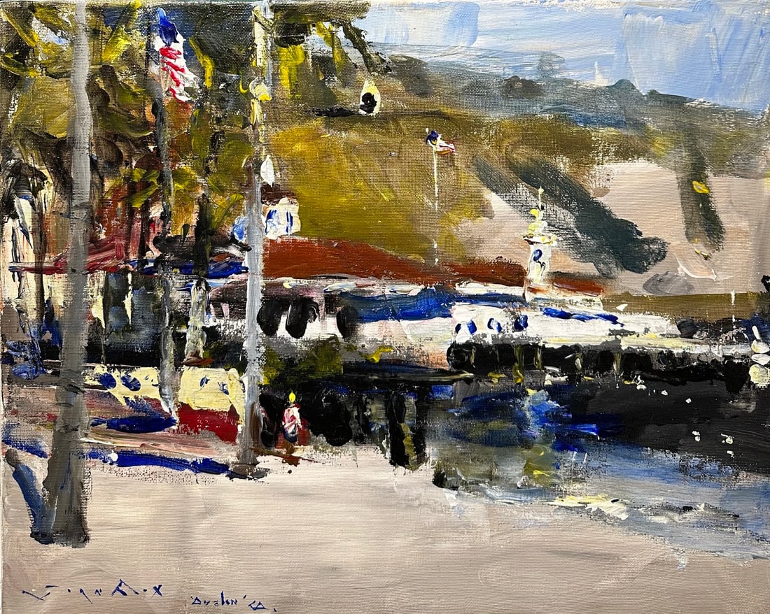Jorn Fox "Avalon, CA" Impressionist Signed Oil and Acrylic on Canvas: Offered here is an original Acrylic on Canvas by Jorn Fox: "Jorn Fox "Avalon, CA" Impressionist Signed Oil and Acrylic on Canvas". This one-of-a-kind piece, measuring 16 x 20 inch, is a rare opportuni