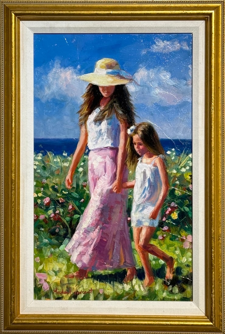 Michael Vincent Original Oil "Promenade-Variation": Offered here is an original Original Oil on Canvas by Michael Vincent: "Michael Vincent Original Oil "Promenade-Variation"". This one-of-a-kind piece, measuring 25 x 17 x 2 inch, is a rare opportunity