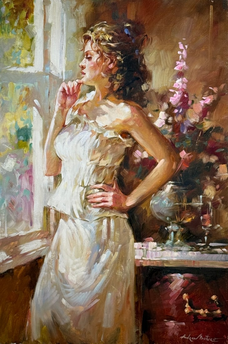 "At The Window" original by Andrew (Andres) Baturo: Offered here is an original Original Oil on Canvas by Andrew (Andres) Baturo: ""At The Window" original by Andrew (Andres) Baturo". This one-of-a-kind piece, measuring 36 x 24 x 1 inch, is a rare