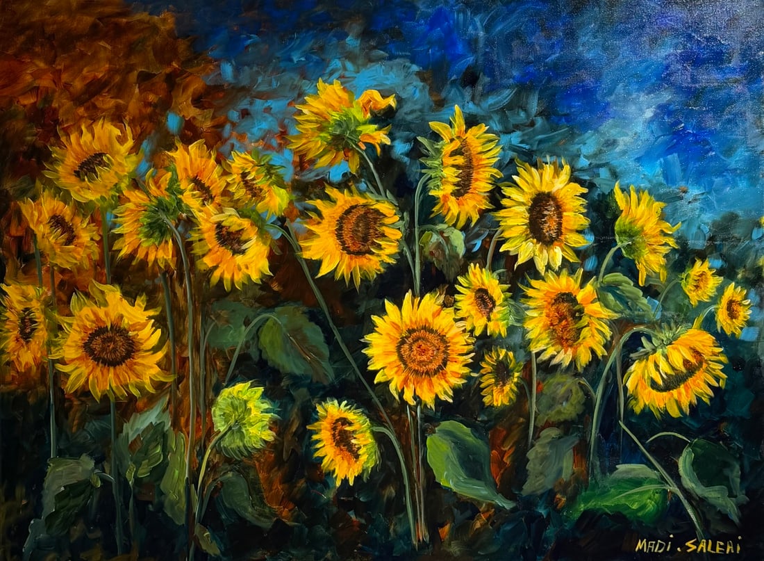 Madi Salehi (Untitled - Sunflowers) Signed Original Acrylic: Offered here is an original Acrylic on Canvas by Madi Salehi: "Madi Salehi (Untitled - Sunflowers) Signed Original Acrylic". This one-of-a-kind piece, measuring 30 x 40 x 1 inch, is a rare