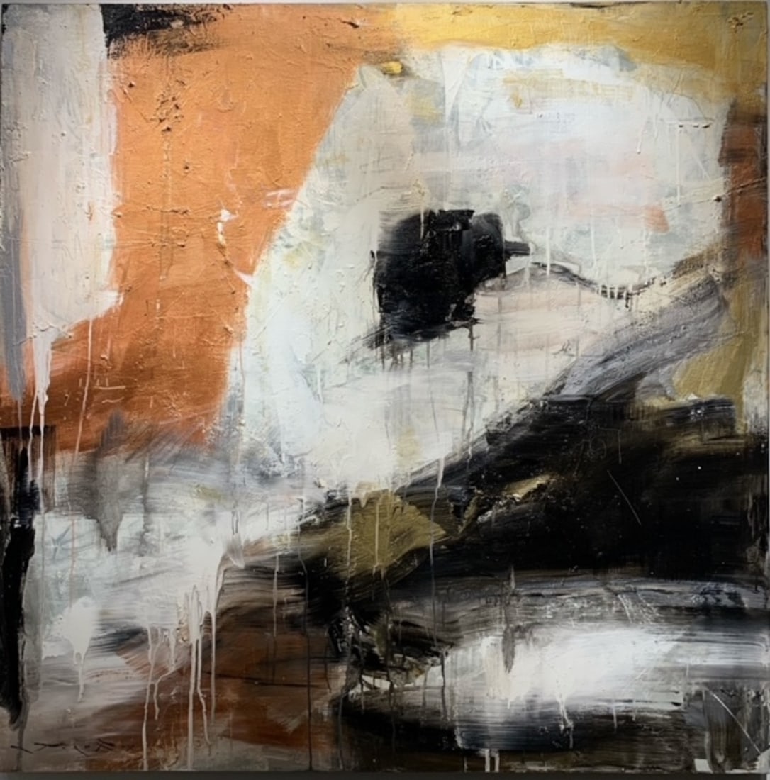 Jorn Fox Abstract Signed Original Oil and Acrylic: Offered here is an original Original Oil and Acrylic on Canvas with 1 1/2" Museum Bar by Jorn Fox: "Jorn Fox Abstract Signed Original Oil and Acrylic". This one-of-a-kind piece, measuring 48 x 48 x 2 