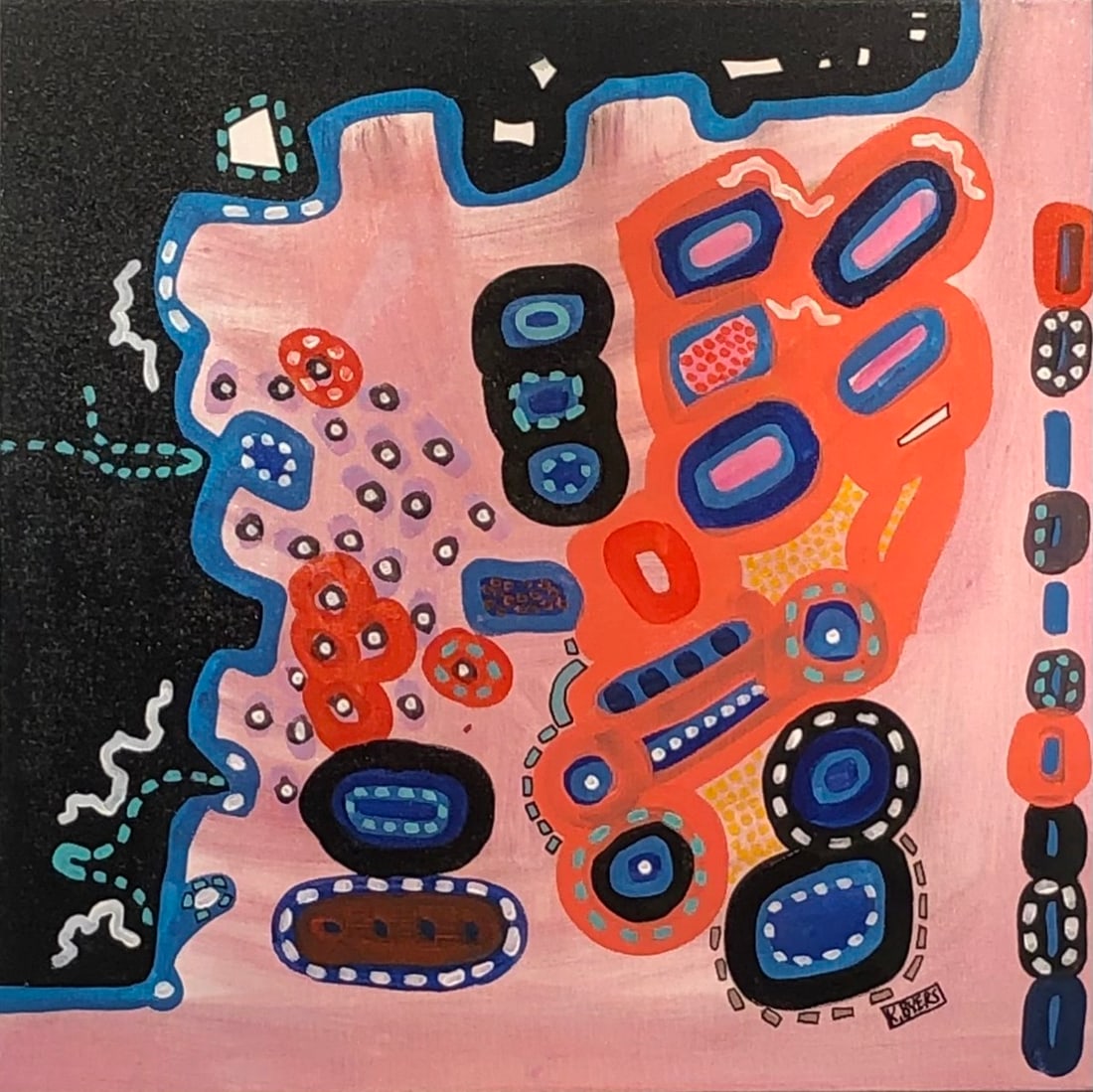 Kimm Byers Abstract Signed Original Acrylic on Canvas: Offered here is an original Original Acrylic on Canvas with 1 1/2" Museum Bars by Kimm Byers: "Kimm Byers Abstract Signed Original Acrylic on Canvas". This one-of-a-kind piece, measuring 24 x 24 x 2