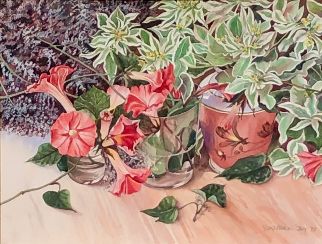 Yuko Blake (Untitled - Floral) Signed Original Watercolor: Offered here is an original Watercolor on Paper by Yuko Blake: "Yuko Blake (Untitled - Floral) Signed Original Watercolor". This one-of-a-kind piece, measuring 25 x 30 x 2 inch, is a rare opportunity 