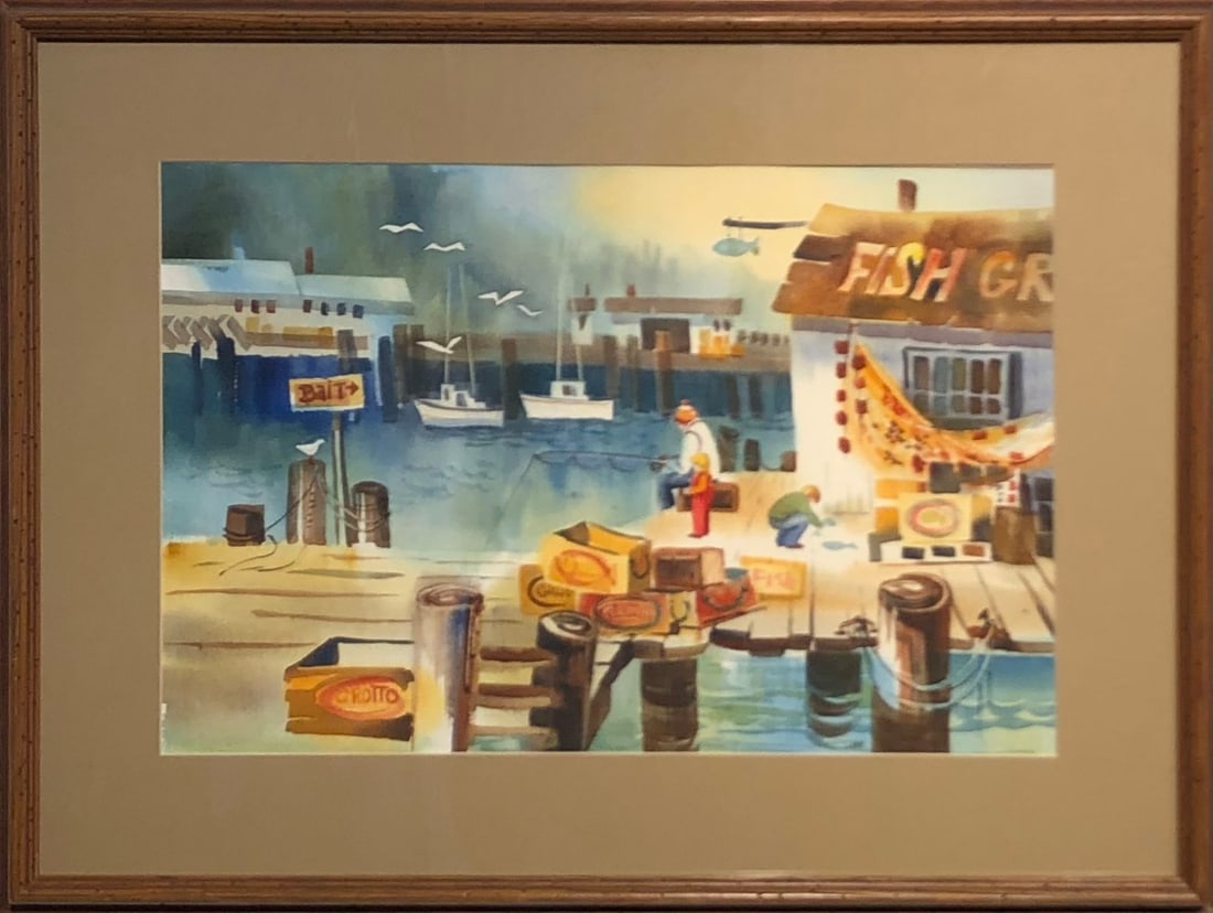 Unknown Artist (Impressionist - Fishing Dock) Original Watercolor: Offered here is an original Watercolor on Paper by Unknown: "Unknown Artist (Impressionist - Fishing Dock) Original Watercolor". This one-of-a-kind piece, measuring 22 x 29 inch, is a rare opportunity